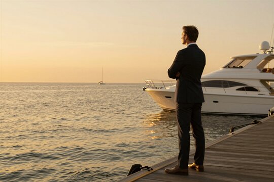 Captures Man Standing On Dock Of To Marina Sunset Sunrise Dressed In Formal Attire Wearing Dark Suit With Light Colored Shirt Tie