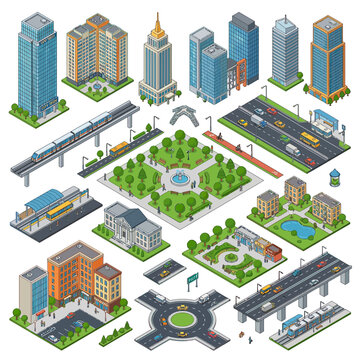 Isometric City Buildings and Infrastructure Elements