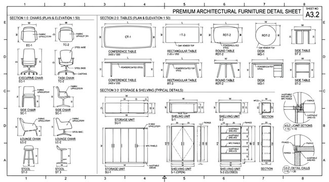 Premium architectural furniture detail sheet with dimensions and cad elevation views