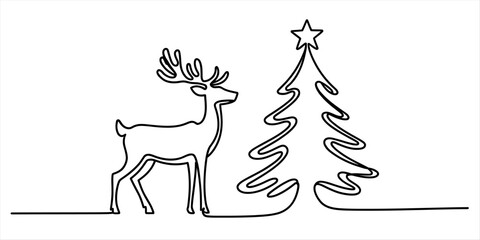 Continuous single line drawing of a reindeer standing next to a decorated christmas tree with a star on top for holiday season and winter greeting cards © Vector Art Gallery 