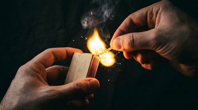Close up view of hands striking a wooden matchstick against a matchbox igniting a bright flame