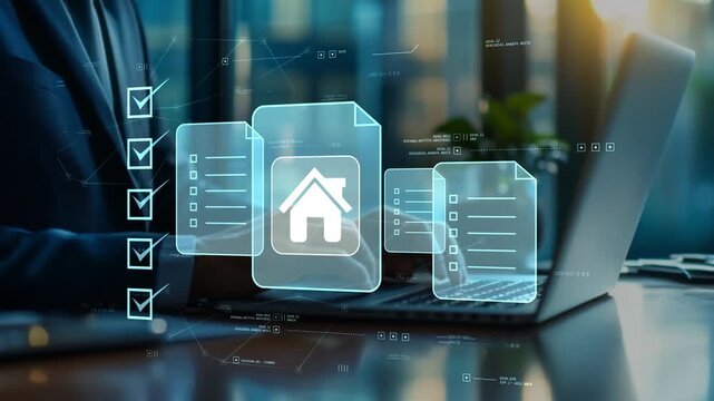 Business professional completing digital mortgage application with house icon, home financing documents, approval checklist, loan verification and secure banking workflow