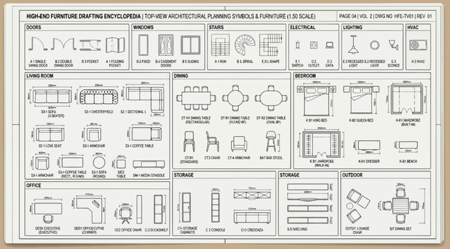Comprehensive furniture drafting and planning symbols for interior design