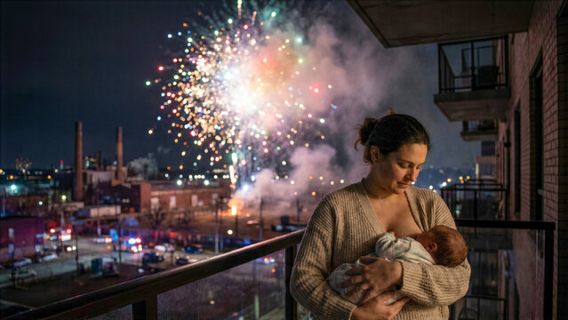 Young mother calmly breastfeeding a baby on a balcony while a massive accidental firework explosion lights the sky