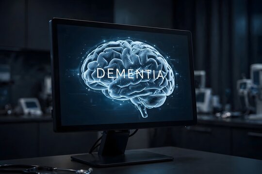 Medical Monitor Displaying Glowing Brain Scan Graphic with Dementia Text in Lab