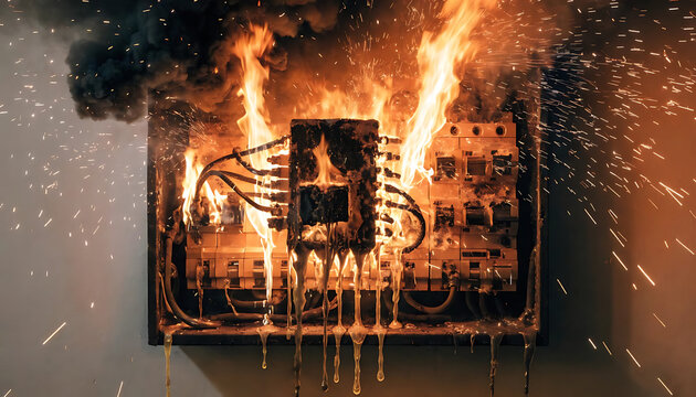 burning fire in a fireplace, Computer circuit board and electronic microchip burning in fire representing data breach and cyber attack