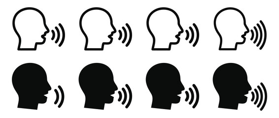 Speaking head profile icons with voice sound waves, human speech communication and talking symbols, black silhouette and outline vector signs for audio, language and dialogue vector set © Sheikh Art