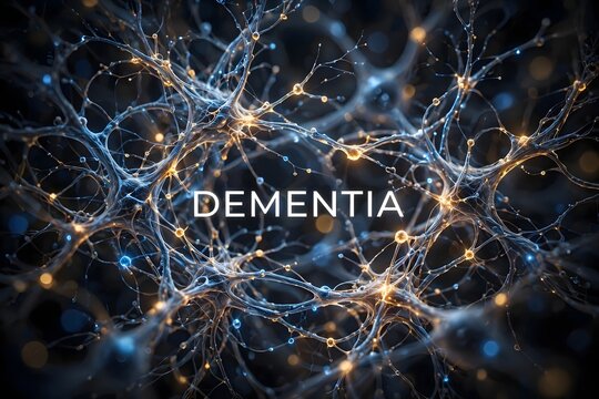 Abstract neurological network visualization representing dementia and cognitive health through glowing synapses and brain cell connectivity