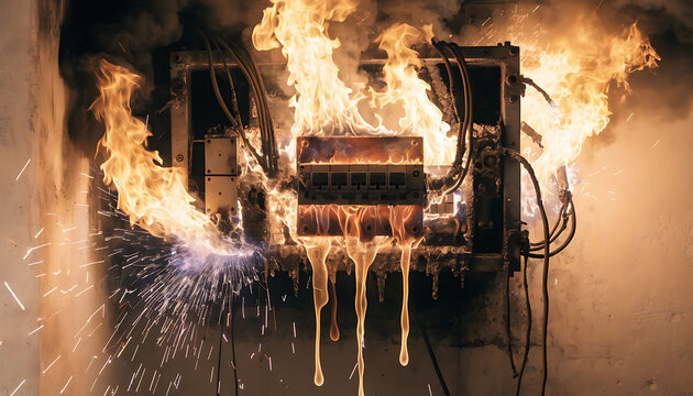 burning fire in a fireplace, Computer circuit board and electronic microchip burning in fire representing data breach and cyber attack