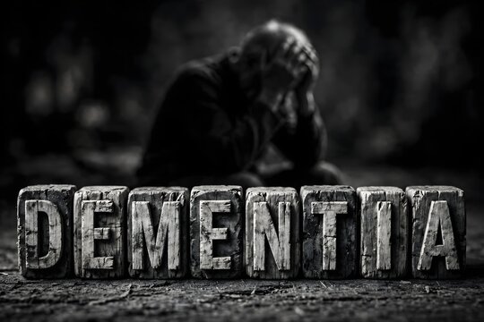 Struggling with Memory Loss and Mental Health Challenges Represented by Dementia Word Blocks and a Distressed Person
