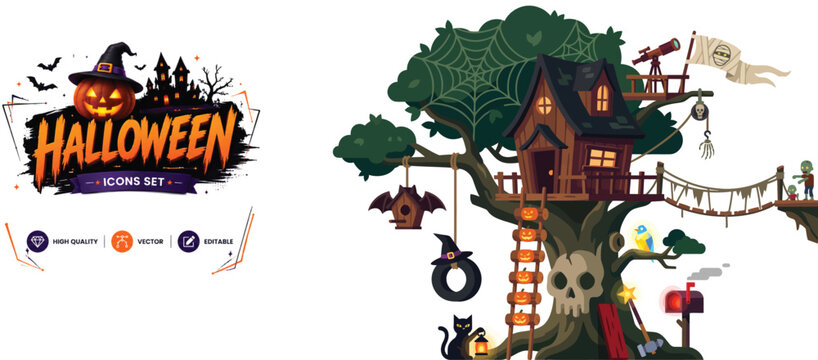 Set of 15 flat icons related to halloween, treehouse - collection of tree, house, spider web, skull, cat, lantern, bridge, zombie, telescope vector elements
