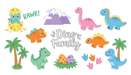 dinosaur vector set, cute cartoon dino family characters, funny colorful prehistoric animal stickers, kawaii t-rex and stegosaurus clipart. © Creative Studio 