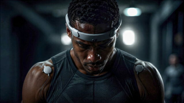 Professional athlete wearing a neuro performance wearable for mental preparation before competition in a gym