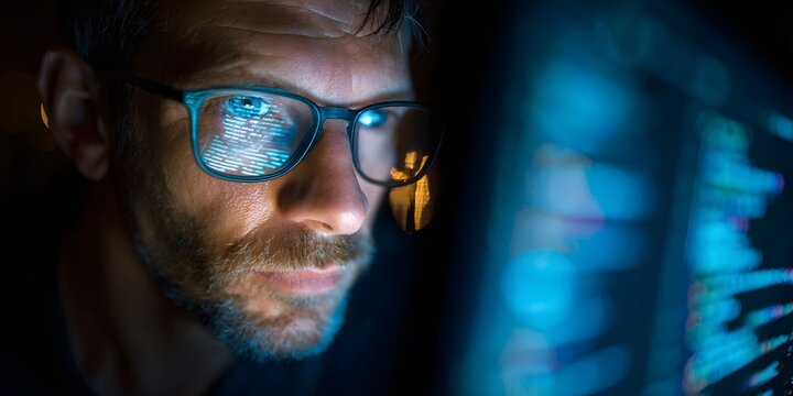 Man wearing glasses looking at a computer screen with blue light reflections.