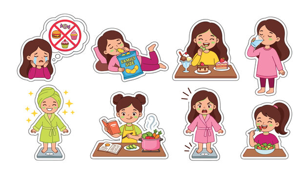 girl health habits vector set, cute girl diet and eating lifestyle stickers, funny character cooking and weighing clipart, healthy versus junk food illustration.
