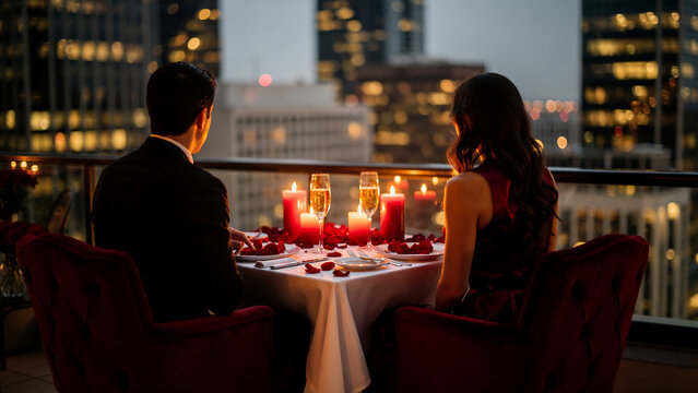Romantic rooftop dinner with champagne and candles, set against a city skyline at dusk, perfect for anniversary celebrations, date nights and luxury lifestyle promotions