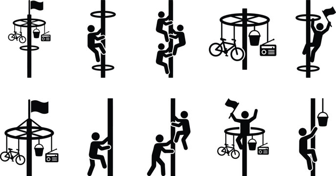 Indonesia independence day panjat pinang game symbols sheet featuring tall vertical pole climbing human silhouettes hanging prizes flags graphics asset