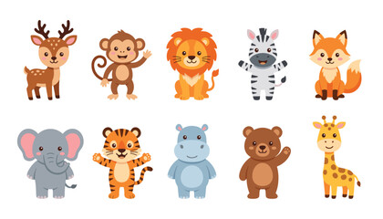 animal vector set, cute safari jungle zoo characters, funny cartoon wild animals clipart, kawaii baby forest creature icons. © Creative Studio 