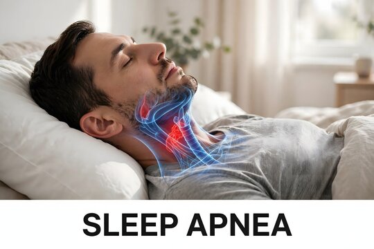 Medical Illustration of a Man Sleeping Illustrating Airway Obstruction and Breathing Difficulties Associated with Obstructive Sleep Apnea