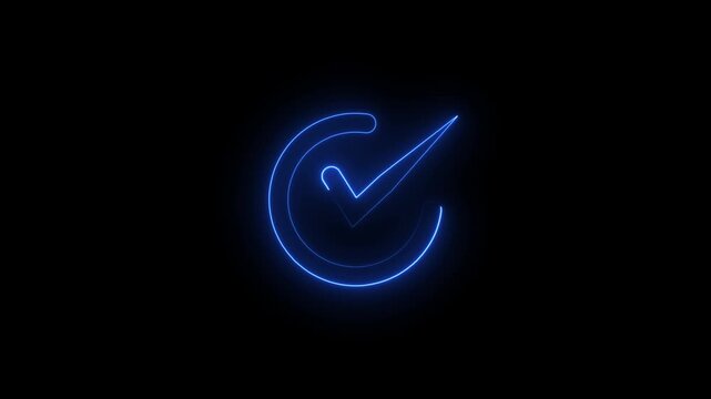 Neon blue glowing check mark symbol animation isolated on solid black background.