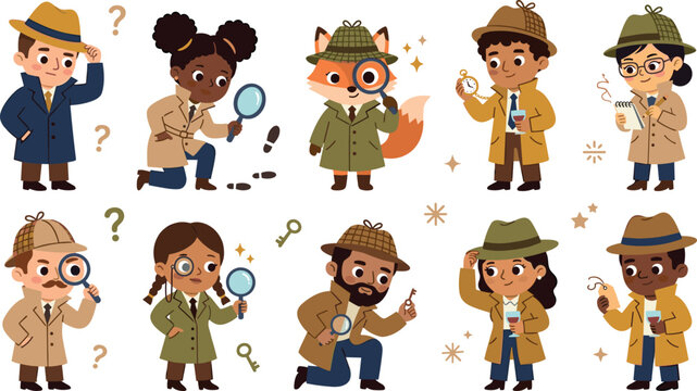 Cute detective vector character set featuring diverse investigators and fox inspector with magnifying glass trench coat hat finding clues and examining evidence isolated on white