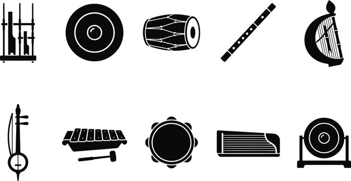 Traditional musical instruments line icons group displaying bamboo angklung frames circular gamelan gongs kendang drums suling flutes sasando profiles vectors