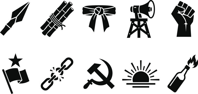 Revolutionary struggle bamboo spear movement vectors group displaying sharp bambu runcing tips tied bundles headbands public megaphones patriotic fists