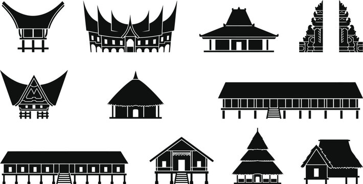 Heritage architecture regional structures blueprints bundle presenting curved tongkonan roofs pointed gadang horns joglo profiles balinese candi bentar gateways