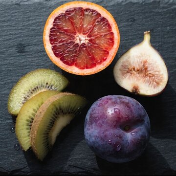  ripe whole and sliced fruits a halved blood oran