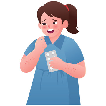 Allergies Illustration. Vector illustration of a Girl using an inhaler for allergy-related breathing problems and asthma symptoms. Isolated on background