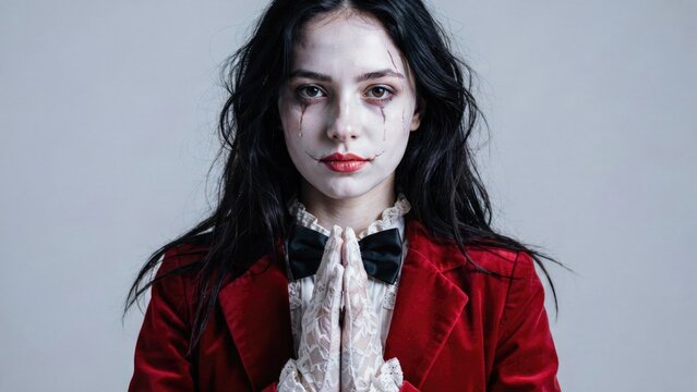 Creepy clown portrait young woman with dramatic makeup and red blazer