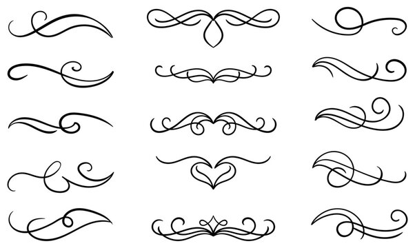 Collection of black flourishes and swirls on white background, decorative ornament vintage
