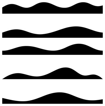 Five horizontal black wave borders with transparent background, silhouette