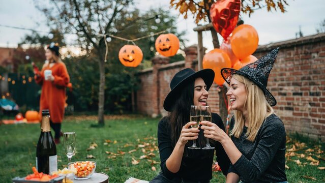 Halloween backyard celebration friends toasting with champagne outdoors
