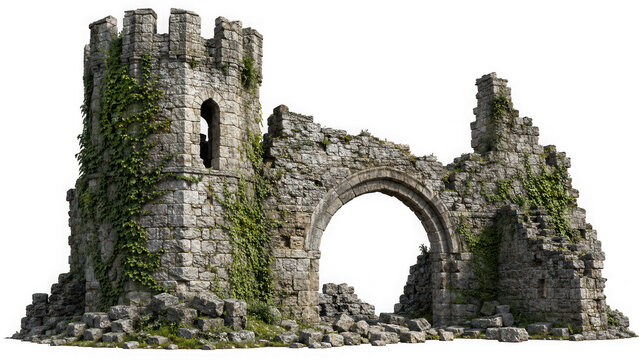 Ancient crumbling stone castle ruins with ivy isolated on transparent background