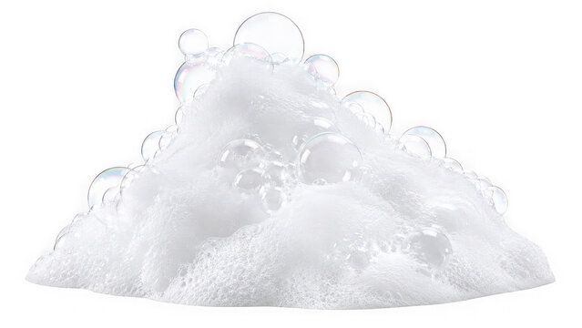 Soft pile of white soapy foam bubbles isolated on transparent background