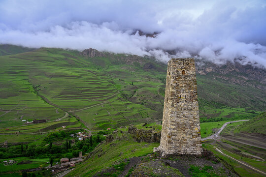 Kurt and Tag Tower in the Fiagdon gorge with mountain terraces, North Ossetia - Alania Republic of Russia