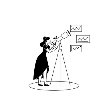 Woman looking through telescope at charts
