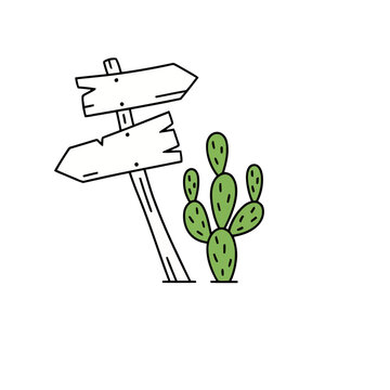 Wooden Signpost and Cactus Illustration