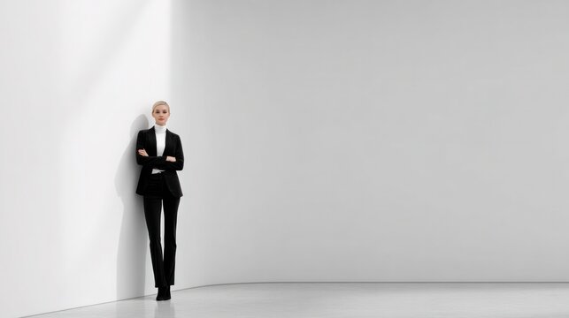 The Confident Professional: A poised businesswoman in a sharp black suit stands confidently, arms crossed, leaning against a stark white wall, exuding an aura of power and determination.