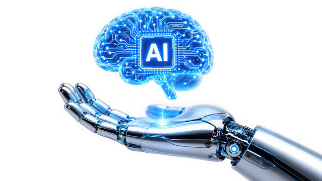 Cybernetic robotic hand holding glowing artificial isolated on transparent background