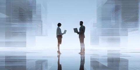 Fototapeta premium Two business professionals in silhouette discussing a tablet in a futuristic digital environment.
