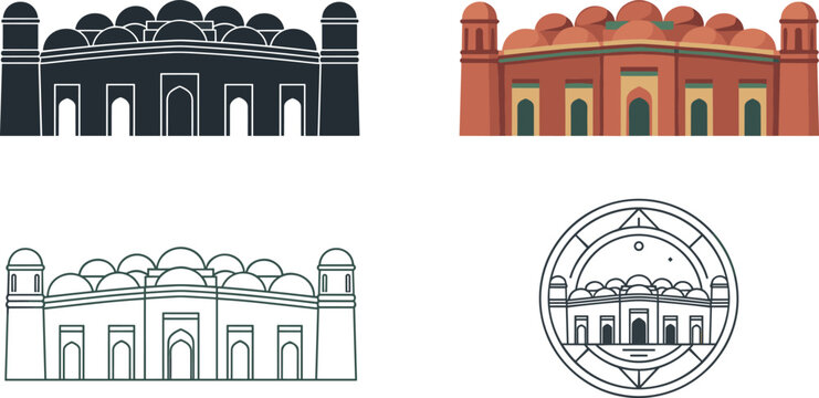 Set of Badshahi Mosque Architectural Icons Featuring Silhouette, Colored, Outline, and Badge Styles