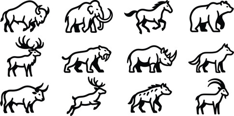 Fototapeta premium Set of animal icons. Black outline wildlife illustrations