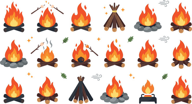 Campfire and bonfire vector illustration set featuring outdoor camping fire flames burning logs roasting marshmallows and firewood icons isolated on white background