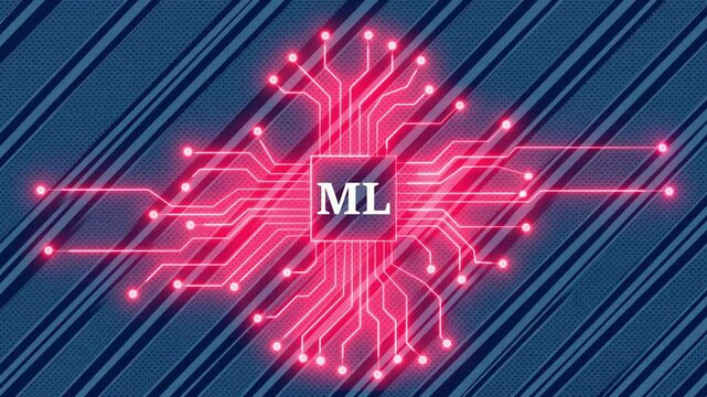 Neon glowing machine learning microchip processor on dark abstract technical background in cinematic motion.