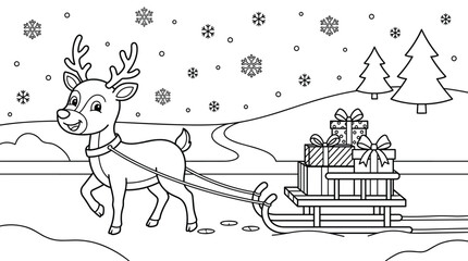 Happy reindeer pulling a sleigh with presents in a snowy landscape during winter holidays © Arafat. Vector