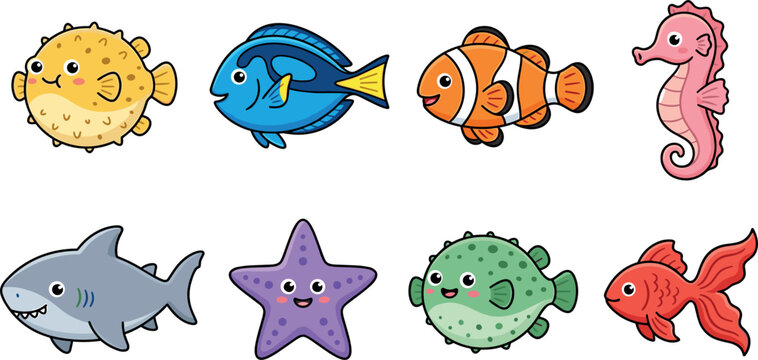Cute sea animals and tropical fish vector illustration set featuring clownfish seahorse pufferfish starfish shark and blue tang isolated on white background