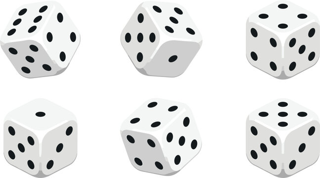 White game dice vector icon set showing different 3D angles and number combinations for board games, gambling, and casino designs.