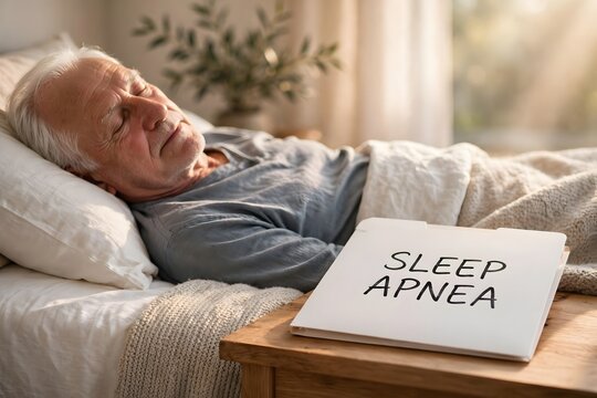 Senior Man Suffering from Sleep Apnea Syndrome while Sleeping in Bed at Home